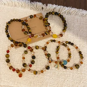 New Chinese retro crystal tiger eye beaded bracelet set, Maillard style brown hand jewelry