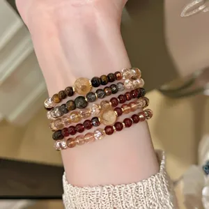 New Chinese retro crystal tiger eye beaded bracelet set, exquisite brown wrist jewelry for women.