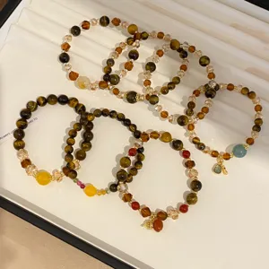Vintage Chinese style tiger eye crystal beaded bracelet set, chic brown aesthetic jewelry.