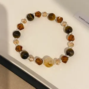Vintage Crystal Tiger Eye Beaded Bracelet Women Brown Maillard Style Chic Hand Jewelry