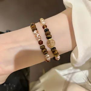Elegant crystal and tiger eye beaded bracelet set, retro style brown multilayer hand jewelry for women.