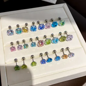 Fashion Stainless Steel Colorful Rhinestone Round Thread Stud Earrings Geometric Sparkly Circular Multi Color Ear Studs Daily Jewelry Gift For Women