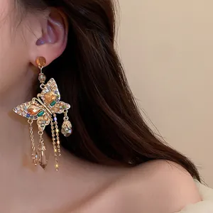 Französische Hofstil Schmetterling Quaste Zirkon Ohrringe, elegante Retro Kristall Schmuck Damen.