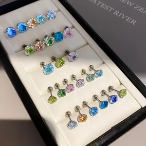 Colorful zirconia round stud earrings, stunning crystal ear jewelry set details view.