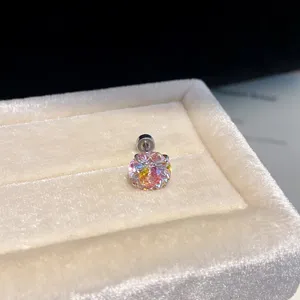 Close-up detail of a colorful iridescent cubic zirconia screw-back stud earring in velvet box.