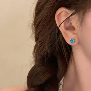Minimalist round blue zircon stud earrings for women, chic daily wear fashion jewelry.