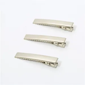 Closeup detail view of silver metal alligator hair clips showing polished metallic finish.
