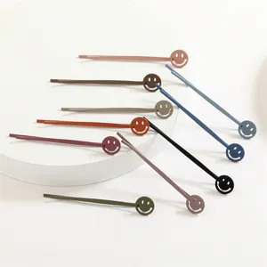 Colorful smiley face long hairpin set, matte finish bobby pins for hair styling details.