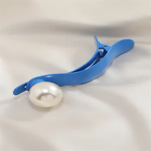 Blue metal hair clip with large artificial pearl, elegant duckbill clip for women daily use.