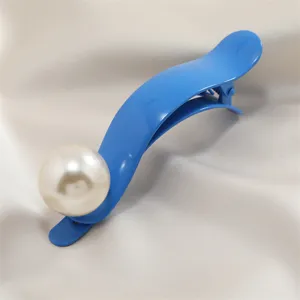 Blue Metal Duckbill Hair Clip with Large Faux Pearl Elegant Alligator Hairpin for Women