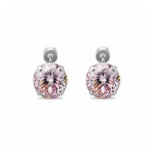 Stunning pink zircon round stud earrings with unique threaded top, minimalist Korean fashion style.
