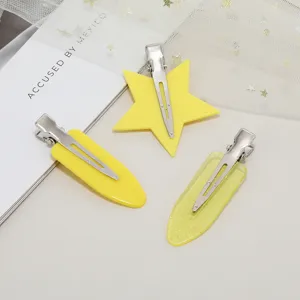 Children cute candy color hair clips set, yellow star and oval plastic bangs clips for daily wear.