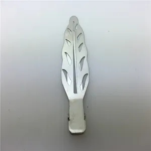 Silver tone metal leaf shaped hollow duckbill hair clip DIY accessory detail view.