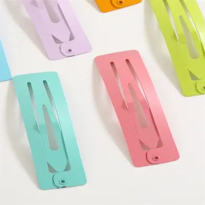 Matte square snap hair clip detail, colorful pastel metal hairpin, smooth touch coating.