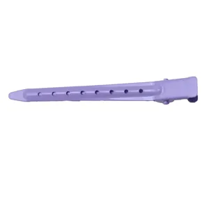 Purple metal hair duckbill clip for women sectioning and styling, 8.5cm length with hollow design.