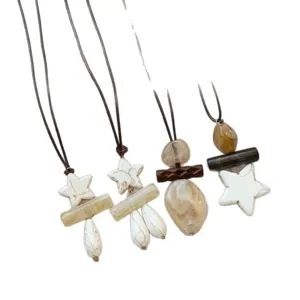 Boho vintage style leather cord sweater necklace set with white star and resin acrylic pendants.
