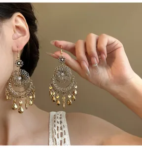 Vintage gold-tone filigree flower drop tassel earrings with crescent design for women chic jewelry