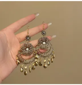 Vintage ethnic gold tone filigree flower teardrop tassel dangle earrings for women jewelry.