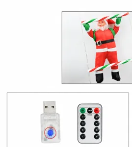 Close-up detail of climbing Santa Christmas string light, USB plug and 8-mode remote.