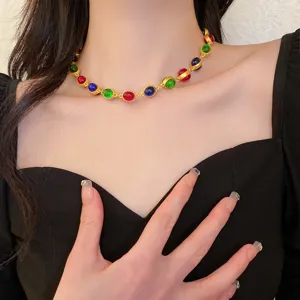 Vintage mehrfarbige Edelstein vergoldete Choker Halskette für Damen eleganter Statement-Schmuck