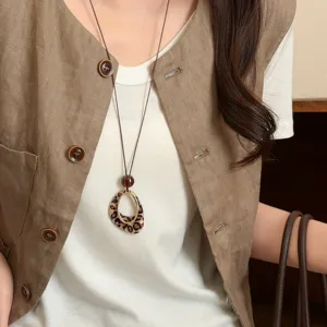Vintage Leopard Muster Acryl Halskette lange Pullover Kette mit Holzkugel Lederband