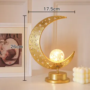 Gold Eisen LED Mond Stern Schloss Palast Tisch Nachtlicht Warm Kette Crackle Glasball Ramadan Eid Festliche Dekolampe