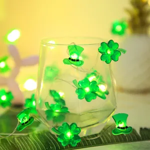 St. Patrick's Day LED string lights, four-leaf clover and green hat decorative lights for party decor.