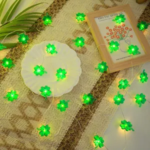 St. Patrick's Day green clover LED string lights, glowing fairy lights for holiday home decor.