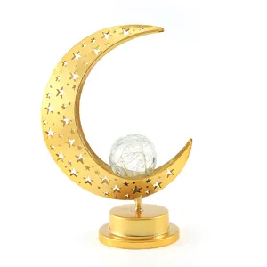 Goldene Metall Mond Stern LED Tischleuchte mit Glaskugel für Festival Heimtisch Dekoration
