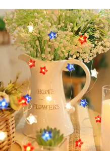 Gedetailleerd uitzicht van rood-witte-blauwe sterlichtjes die warm gloeien tussen witte bloemen in vaas.