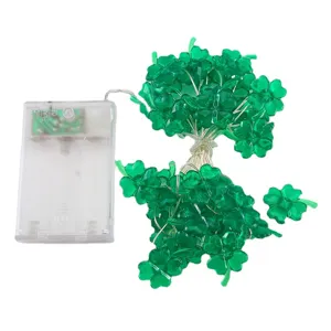 St. Patrick's Day green four-leaf clover LED string lights with battery box for decor.