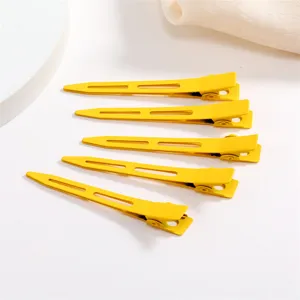 Set of 5 yellow duckbill hair clips, metal single prong styling clips with matte finish.
