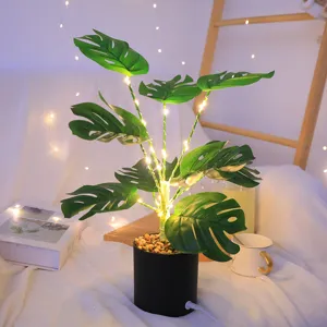 Planta en maceta artificial Monstera luz nocturna LED USB decoración de escritorio brillo cálido