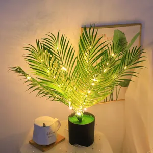 Planta artificial luz nocturna LED, maceta de escritorio hojas de palma verdes guirnalda luz.