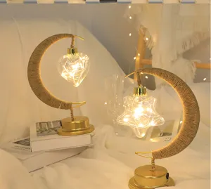 Luce notturna LED luna in corda di canapa, ciondolo vetro cuore stella lampada da tavolo USB.