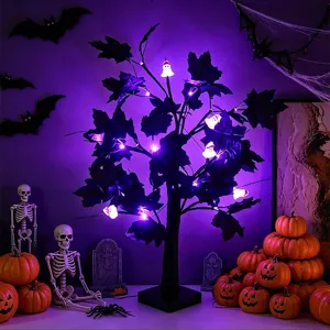 Halloween LED tree light detail featuring black maple leaves, glowing ghosts and festive purple setup.