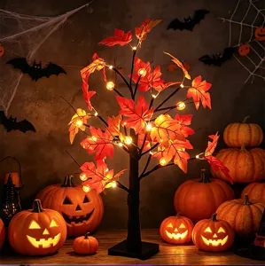 Halloween LED maple tree light with glowing pumpkins and autumn leaves, perfect for home decor.