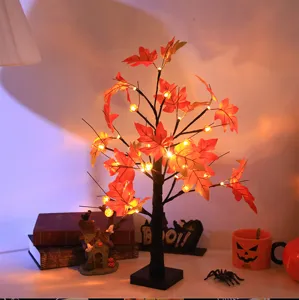 LED Halloween maple tree light with glowing autumn leaves for cozy holiday home decoration.