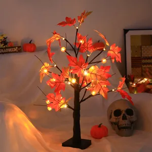 LED maple leaf tree light with pumpkins, perfect for Halloween home window and festival decor.