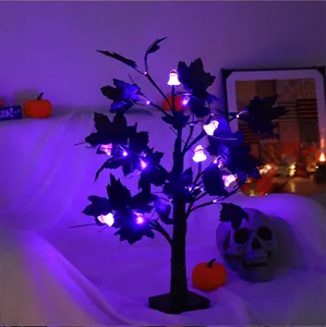 Halloween LED tree light with black maple leaves and ghost lights, perfect for home decor.