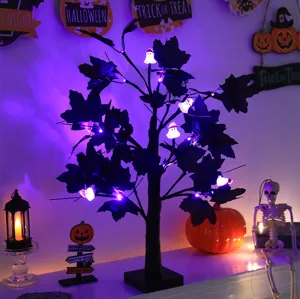 Detailed close-up of Halloween LED tree light featuring ghost bulbs and black maple leaves ambiance.
