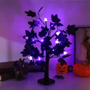 Halloween LED maple tree light with ghost decor, spooky desktop night light for party.