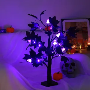 Halloween LED tree light with purple lights and black maple leaves for holiday decor.
