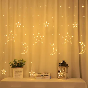 Luces de Cortina LED de Estrella y Luna Navidad Hada Cadena de Luces Blanco Cálido Control Remoto Interior Fiesta Decoración