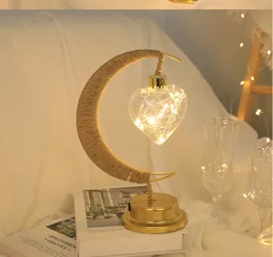 Lampada da notte LED mezzaluna cuore corda di canapa luce calda USB dettaglio