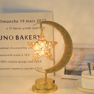 Lampada da Tavolo Decorativa LED Luna Stella in Corda di Canapa Luce Notturna USB