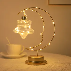 Iron Art Moon LED Night Light Table Lamp Warm White Star Heart Ball Pendant Decorative Bedside Lamp For Home Party