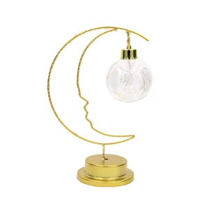 Golden iron art moon night light with glass ball fairy light bulb for home decor and gifts