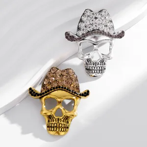 Vintage skull rhinestone cowboy hat brooch gothic lapel pin fashion accessory for parties