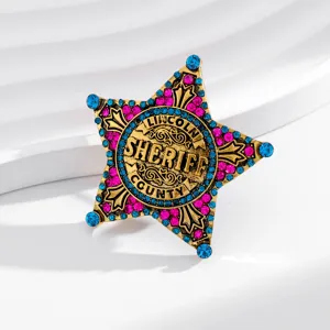 Vintage rhinestone sheriff star brooch pin, exquisite metallic badge accessory for clothing decor.